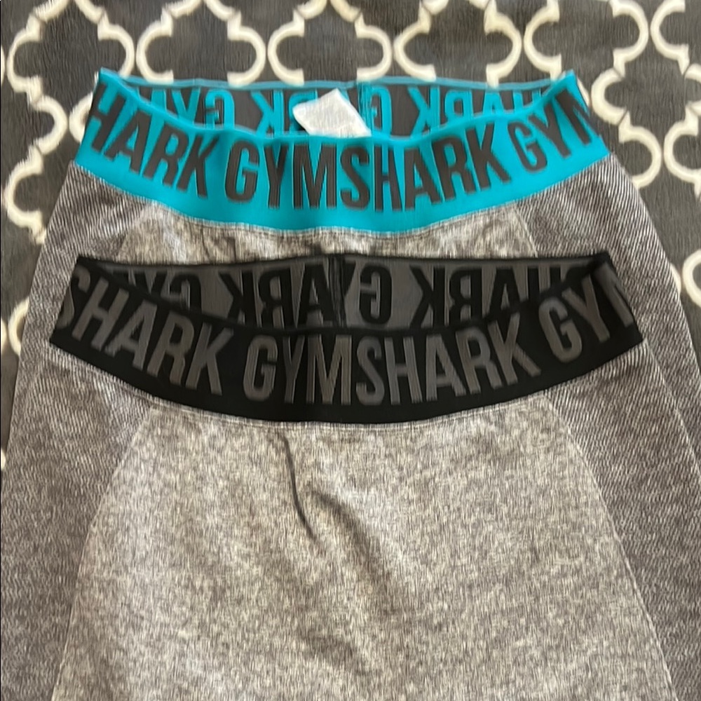 Gymshark Heather Gray Leggings with Teal and Black Bands